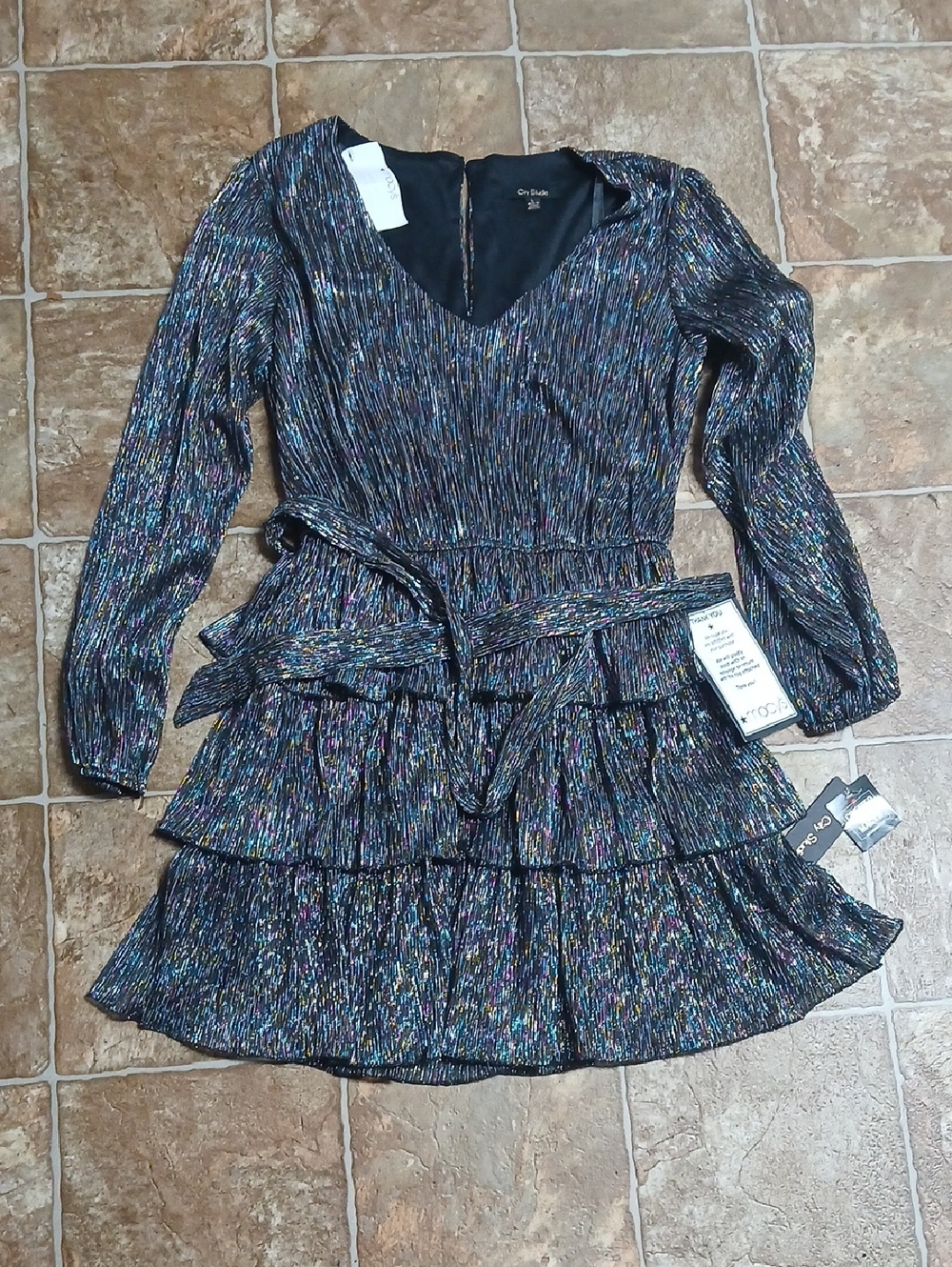 NWT City Studio Black Multi-Stripe Sparkle Tiered Dress